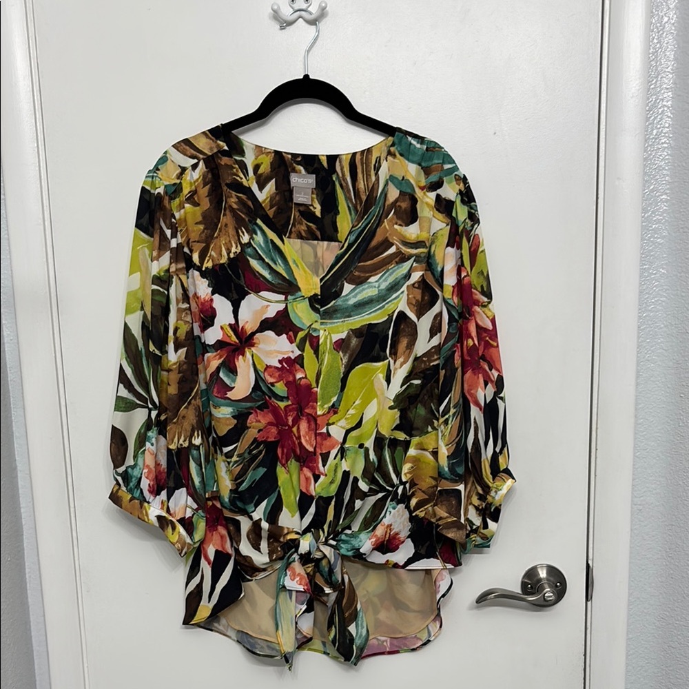 Chico's Relaxed Red and Yellow Tie Front Blouse 3/4 Sleeve